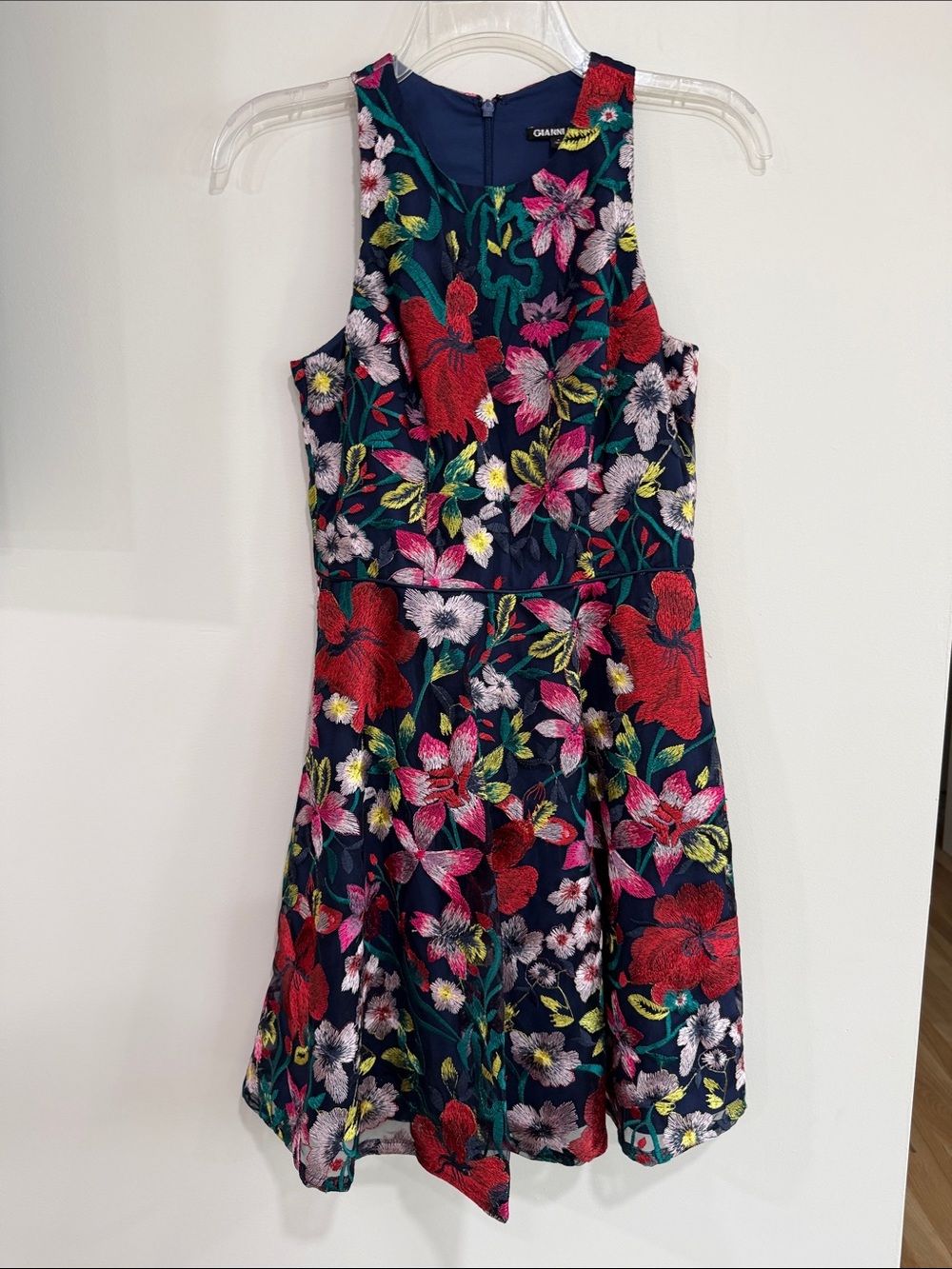 Gianni Bini Navy Floral Embroidered Midi Dress with Red, Pink and Green Accents